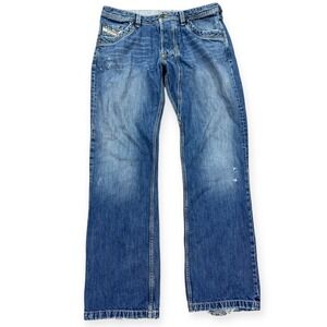 Diesel Jeans Mens 36x34 Blue Medium Wash Lemmen Straight Button Fly Distressed